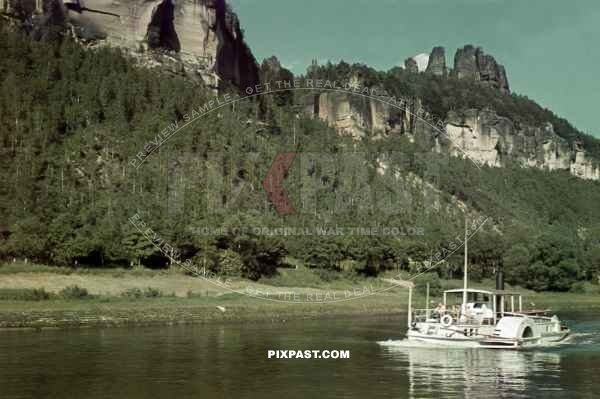 Tourist Steam Barge on the River Elbe near Konigstein Saxony near Dresden 1939