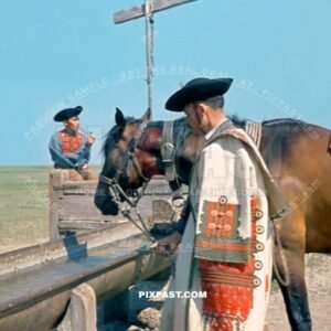 Traditional Hungarian horsemen in full local Hungarian costume dress. Hungary 1942