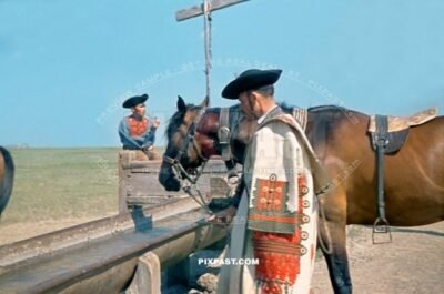 Traditional Hungarian horsemen in full local Hungarian costume dress. Hungary 1942