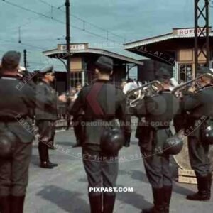 Train Station Ruffec France 1940, German Military Music Band playing for soldiers