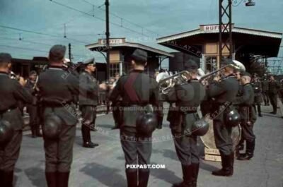 Train Station Ruffec France 1940, German Military Music Band playing for soldiers