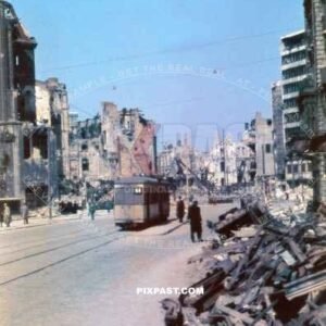 Tram Strassenbahn in rubble. Streseman Strasse. Former Hermann Goering Strasse.  Potsdamer Platz. Berlin 1946