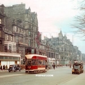 Trams in the middle of Princes Street Edinburgh Scotland 1944. Darling department store,  Lord Provost William Y Darling