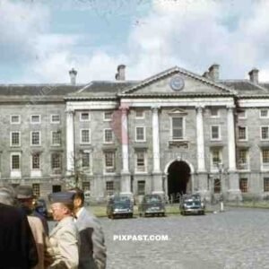 Trinity College Dublin, Ireland, 1953, American tourists inside the main square.