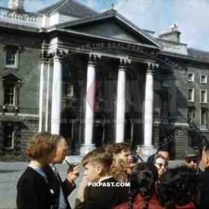 Trinity College Dublin, Ireland, 1953, American tourists inside the main square.