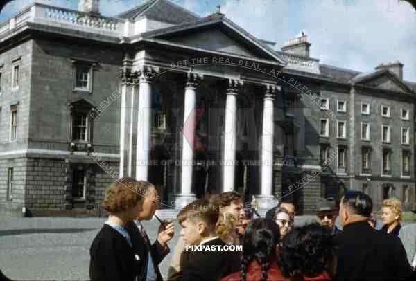 Trinity College Dublin, Ireland, 1953, American tourists inside the main square.