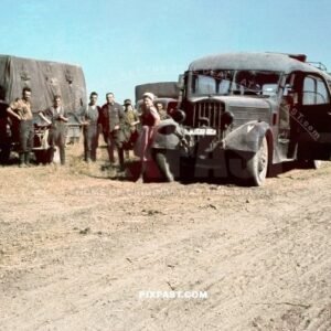 Troop transport column with opel trucks and pre war bus in retreat with Romania army April 1944 Krime Krim
