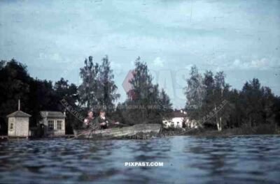 Two german soldiers in rowing boat, lake, 10th Motorised infantry division repair werkstatt Bryansk 1941