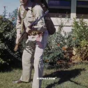 U.S. Army Infantryman in Florida USA 1942 wearing Brodie helmet and M1 Garand semi-automatic rifle with M1905 bayonet