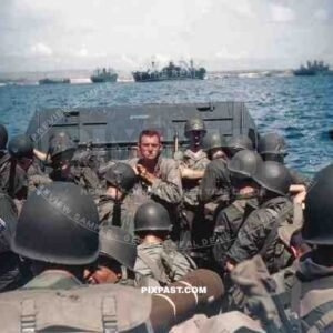 US Landing Craft filled with American soldiers during Okinawa Invasion April 1st, 1945. Battle of Okinawa