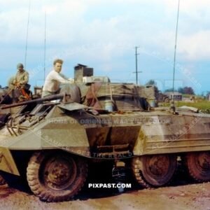 US M8 Greyhound Armoured Car Chattanooga prepare outside Bad Tolz 1945. 101st Cavalry Regiment