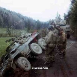 US M8 Greyhound Armoured Car crash out side of Bad Tolz Bavaria 1945. 101st Cavalry Regiment