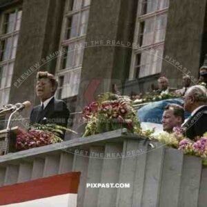 US President John F. Kennedy giving famous speech "Ich bin ein Berliner" West Berlin, Germany June 26. 1963.