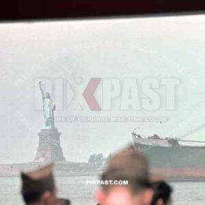 US soldiers returning from Europe after World War Two. Passing the Statue of Liberty. On board the liner SS George Washington