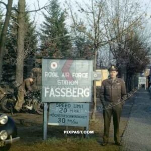 USAAF Pilot standing beside entrance to RAF Fliegerhorst Fassberg Germany. British Sector. 1948. flying coal into Berlin