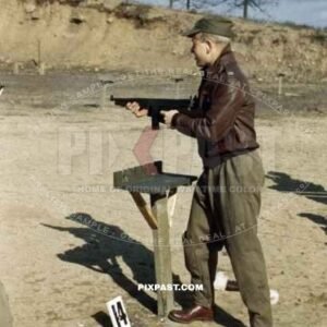 USAAF pilot trains with Thompson submachine gun in MacDill Field, Florida 1942. 322nd Bombardment Squadron Medium.