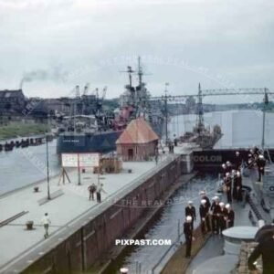 USS Little Rock (CL-92) United States Navy Cleveland-class light cruisers entering Kiel Canal Ostseekanal Germany June 1946