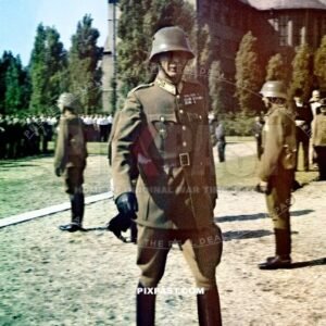 Unknown Hungarian army Lieutenant Colonel inspecting Hungarian troops near Budapest Hungary 1942
