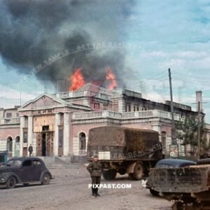Vinnytsia Central Ukraine June 1941. Burning Folk House Narodnyi Dim. movie theatre