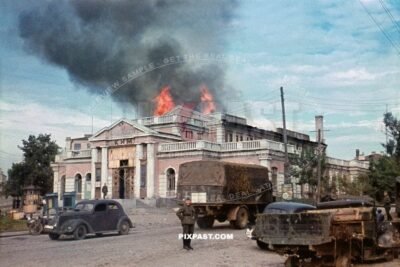 Vinnytsia Central Ukraine June 1941. Burning Folk House Narodnyi Dim. movie theatre