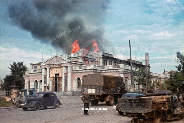 Vinnytsia Central Ukraine June 1941. Burning Folk House Narodnyi Dim. movie theatre