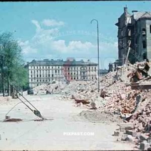 WW2 color Austria Vienna Wien Russian attack bombed 1945 rooftop citiy destroyed rubble ruins red flag