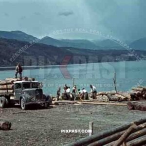 WW2 color Lake Ulm Mountains wood truck motor bike logging