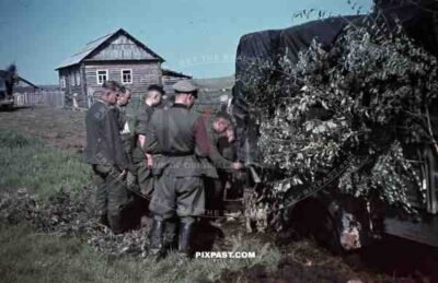 WW2 color Russia 1941 summer 19th panzer division officers truck camo village camouflage