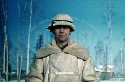 WW2 color Russia 1943 Winter snow camo white helmet jacket officer 207 Infantry Division Major Scheer