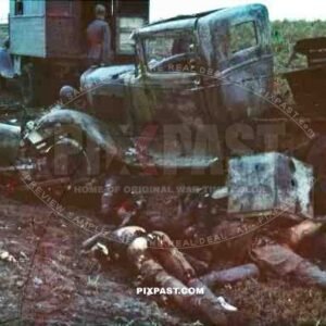 WW2 color Russian front 1942 Dead killed russian soldiers corpses destroyed bombed supply army trucks bodies
