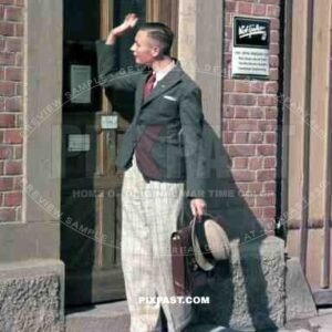 WW2 color Stuttgart Germany 1938 Man hat poster dress costume normal daily life apartment door