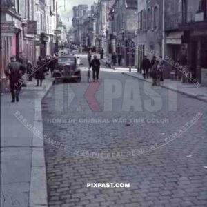 WW2 color french Citroen car village shop street soldiers France 1940