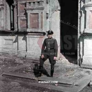 Waffen SS soldier in front of the Lazarevskaya church ruin in Sevastopol, Crimea 1941