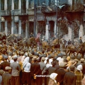 Wehrmacht army vehicle convoy drive through bombed destroyed Smolensk Russia 1941, Parade, Civilians