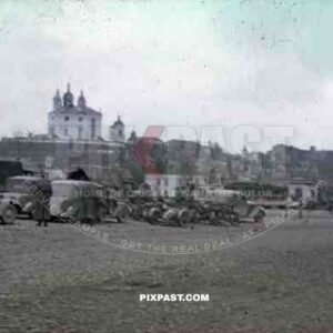 Wehrmacht convoy in front of the Smolensk cathedral, Russia ~1941