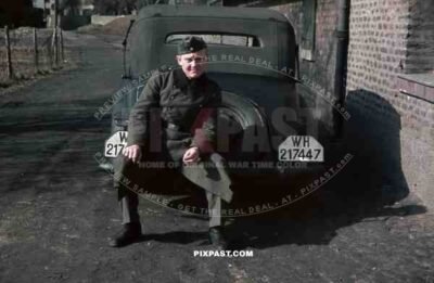 Wehrmacht soldier in Niederaußem (Von-Galen-Weg), Germany 1940. Adler 2 Liter Cabriolet EV 1938. 4th Panzer Division.