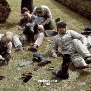 Wehrmacht soldiers of the IR 103 polishing shoes in Bautzen, Germany 1939