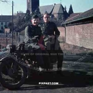 Wehrmacht soldiers with motorbike in Niederaussem, Germany 1940