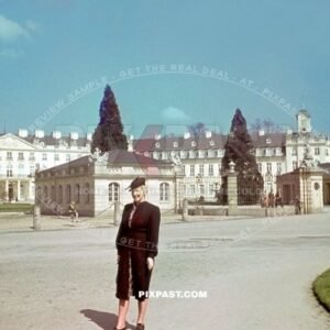 Well dressed German women standing in front of the entrance to Schloss Palace Karlsruhe Germany 1939