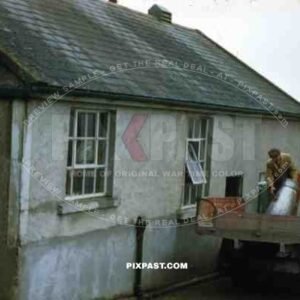 Wicklow Gap Ireland 1953, milk man delivery old Irish cottage, farmer life. red truck,