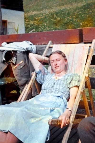 Wife of a German Wehrmacht army officer sunning herself beside the Bodensee Lake Constance in Meersburg 1940