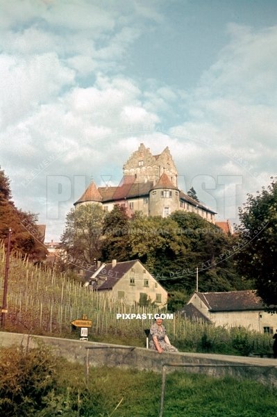 Women sitting in front of the Meersburg Castle. Burg Meersburg. Alte Burg. Boden See. Baden Wurttemberg Germany 1939