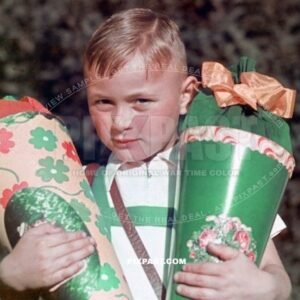 Young Bavarian German boy holding his new Schultute Zuckertute on first day of School Munich Germany 1938