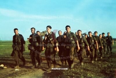 Young German infantry unit moving towards front line with Russians. Ukraine 1942