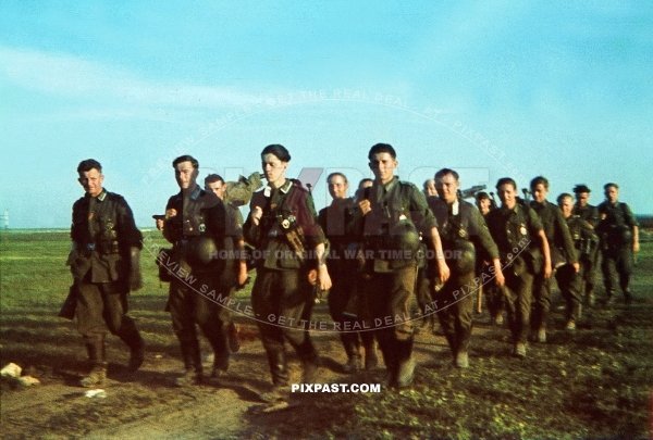 Young German infantry unit moving towards front line with Russians. Ukraine 1942