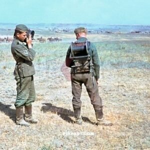 Young German soldier wheeling out new radio cables along Russian fields. Stalingrad 1942.  297 Infantry Division