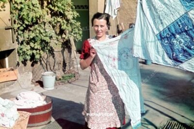 Young German women drying her freshly washed cloths in the backyard of her apartment in Halle Saale Germany 1939