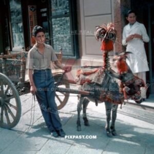 Young boy with his donkey and cart in front of Agfa photo shop in Athens Greece 1937