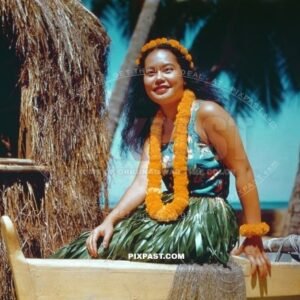 Young local women in traditional hula costumes at a beach bar in Hawaii Island September 1941