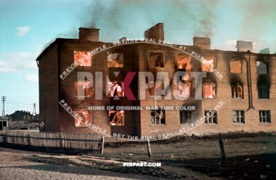 Russian apartment building in Orel Bolkhov Russia 1942. Artillery assault on Russia forces from German 17th Panzer Division.